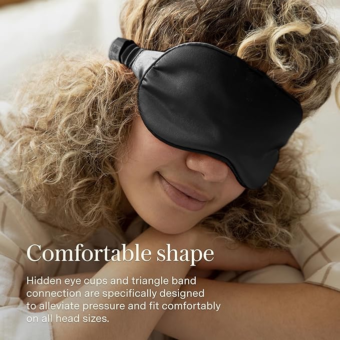 Loftie Silky Sleep Eye Mask - Light Blocking Sleep Mask - Silk Masks for Sleeping - Silky Material, Elastic Band, Low Tension Cups - for All Head Shapes and Sizes - Travel Pouch Included (Black)