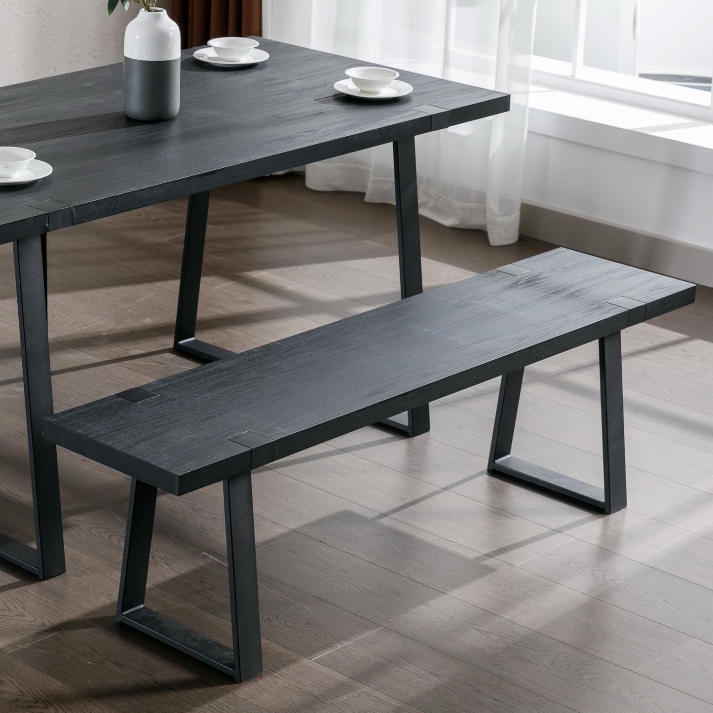 BESTANO Wooden Dining Bench 60” Industrial Table Benches, Seating Chair Rustic Indoor Benches, Mid Century Kitchen Bench with Metal Legs, Black
