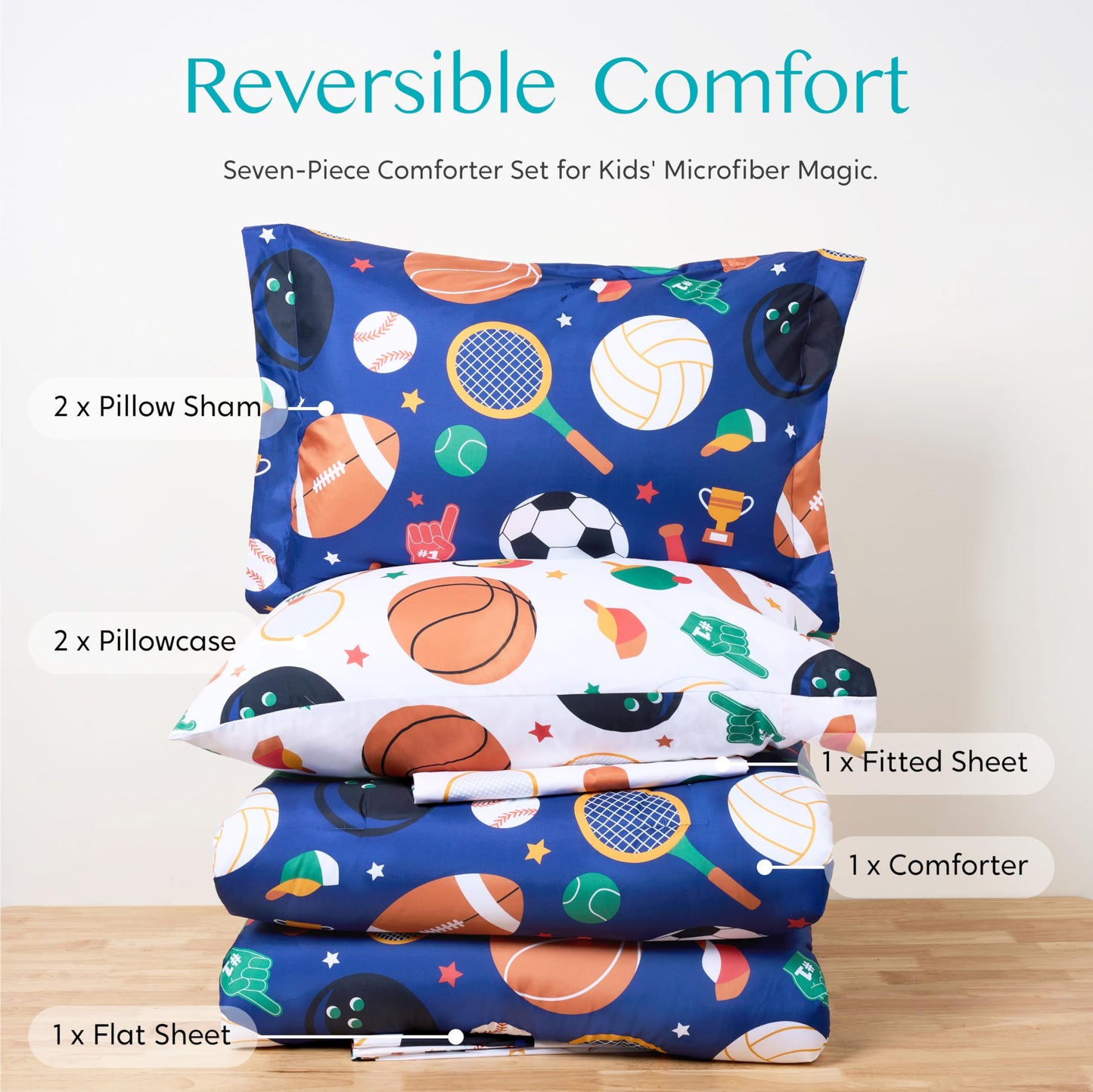 Joiedomi Kid Full Comforter Set 7 Piece Ball Sports Bedding Set for Boys Girls Super Soft Microfiber Bed in a Bag with Comforter Sheets Pillowcase Sham