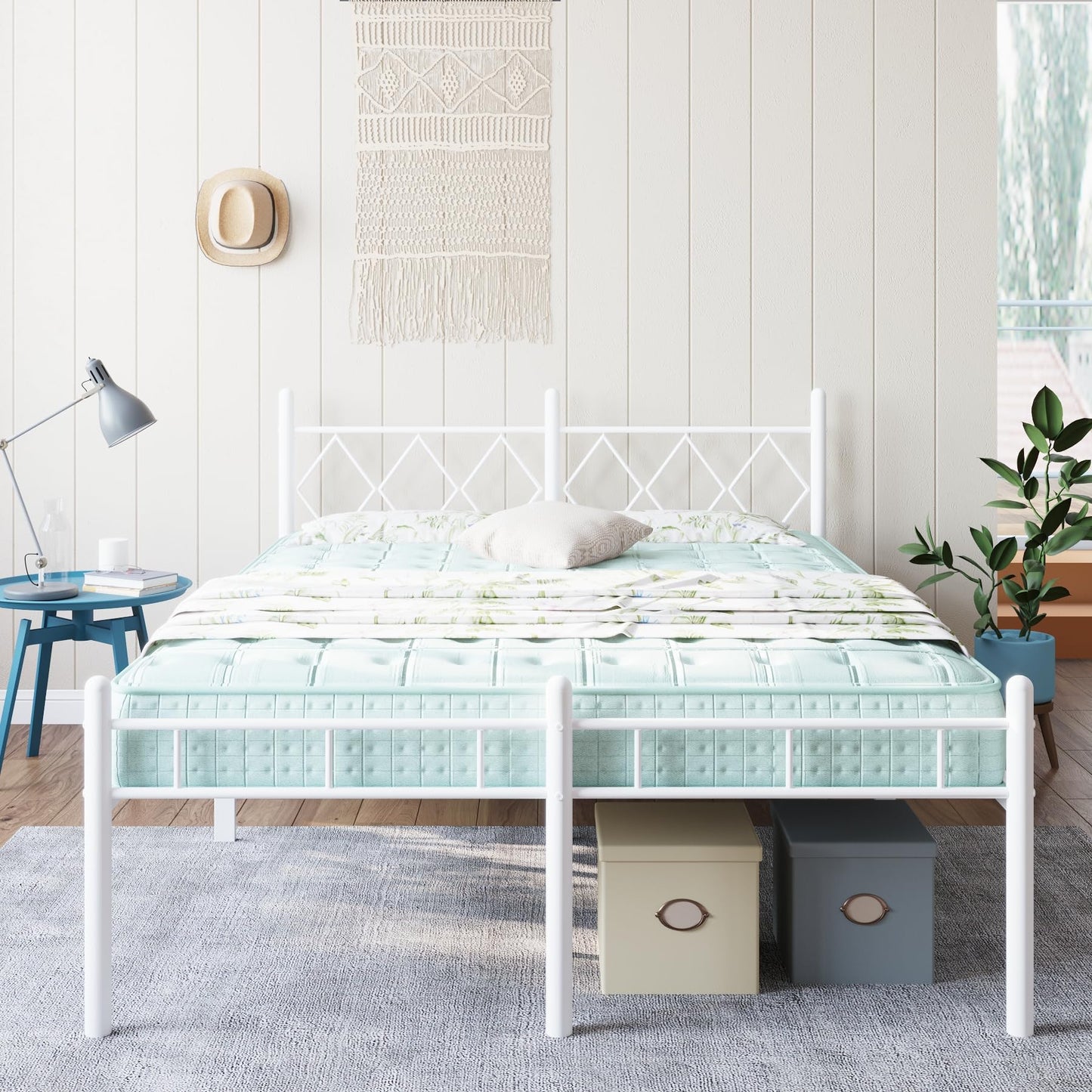 Kinshionroyal 14 Inch Full Size Bed Frame No Box Spring Needed,Metal Platform with Headboard and Footboard,Heavy Duty Slats Support Easy Assemble Noise Free(White and Rhombus)