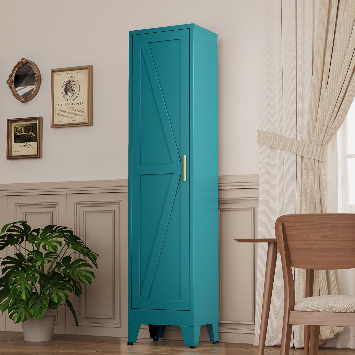 Narrow Bathroom Cabinet, Metal Storage Cabinet with 4 Adjustable Shelves and 2 Barn Doors,Tall Kitchen Pantry for Living Room, Home Office, Dining Room,Blue