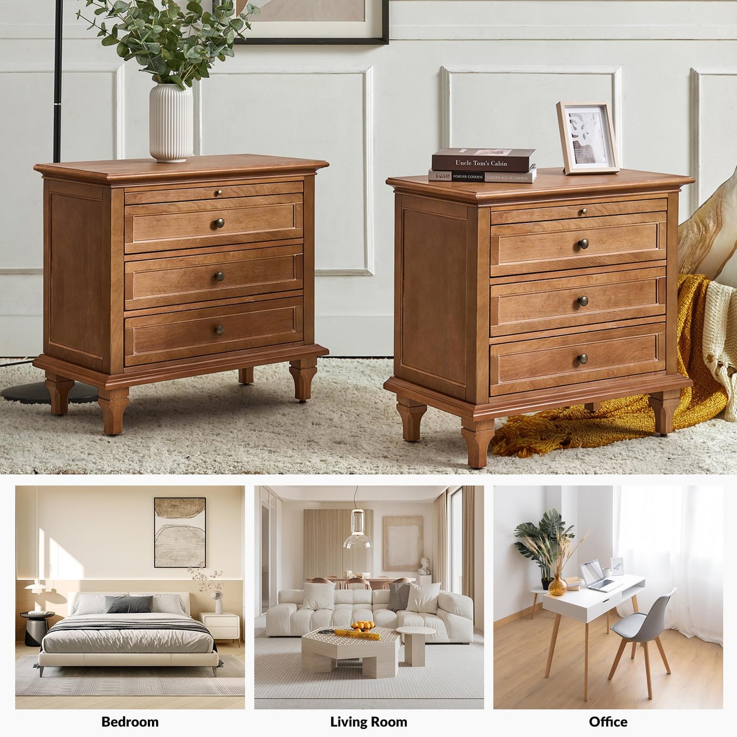HULALA HOME Farmhouse 3 Drawer Nightstand with Tray, Drawer Organizer with Solid Wood Legs, Nightstand with Charging Station,Acorn