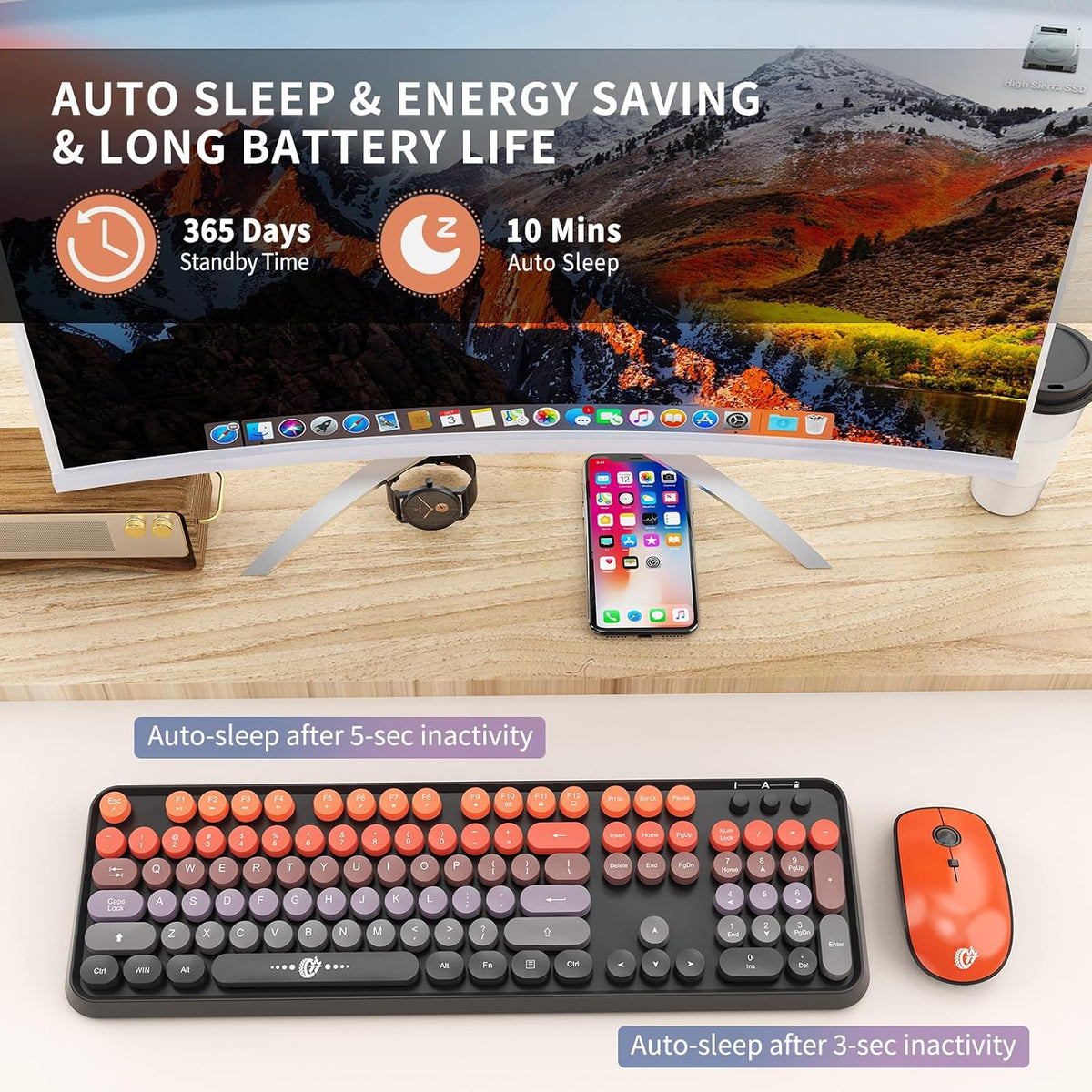 Orange Wireless Keyboard and Mouse,Full Size Retro Typewriter Round Keys