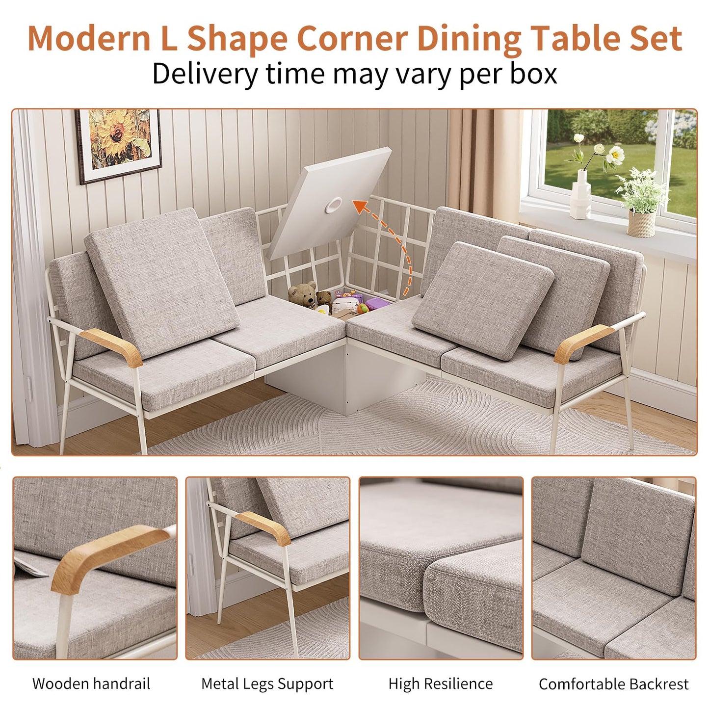 VFK 3 Piece Dining Table Set, 51 Inch Modern Kitchen Folding Breakfast Table with Right Seat Storage Corner Stools and Dining Chairs for Home Dining Room Furniture