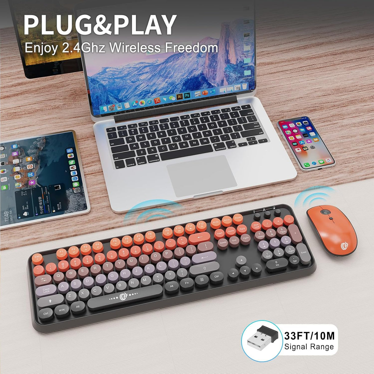 Orange Wireless Keyboard and Mouse,Full Size Retro Typewriter Round Keys