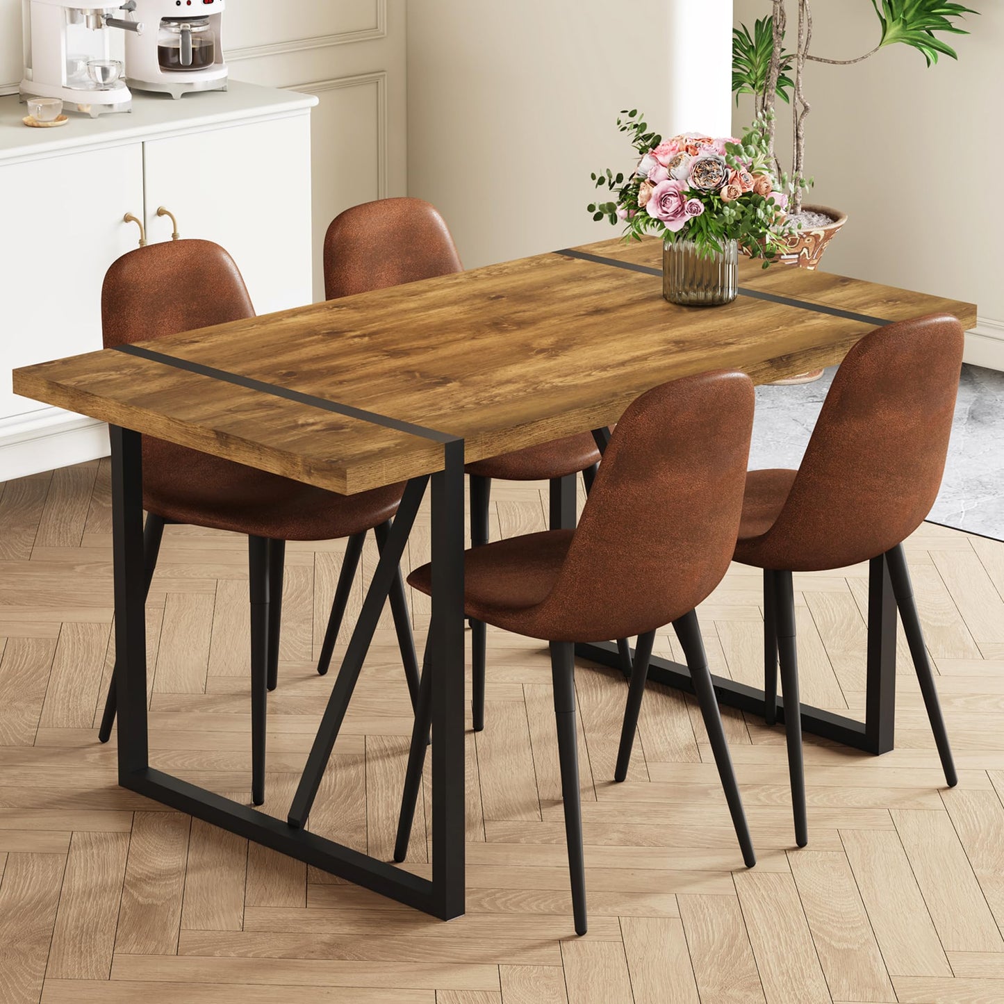 Ganooly Rustic 5 Piece Dining Room Table Set for 4 People, Mid Century Modern 55 Inch Rectangle Wood Kitchen Dining Table with 4 Fabric Chairs Set, Suitable for Kitchen Dining Room