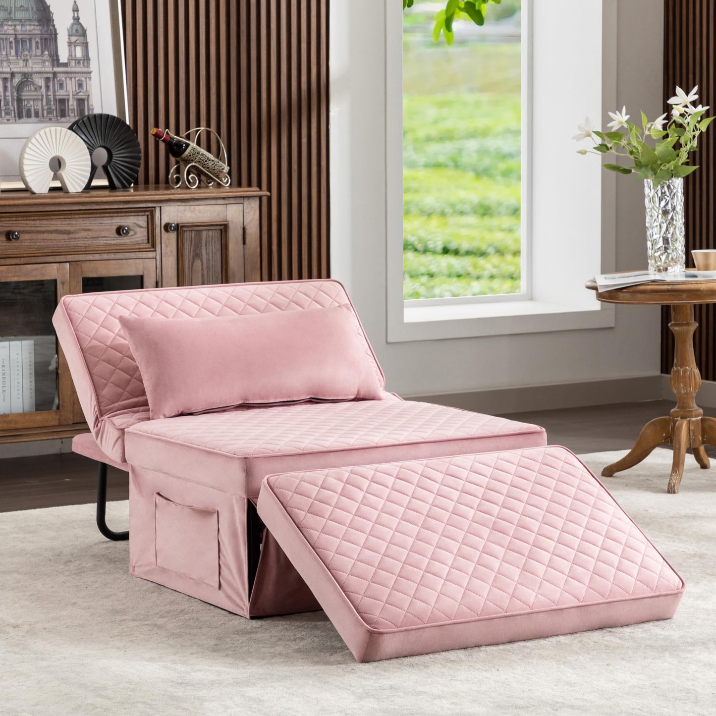 BIGSYY Sofa Bed, 4 in 1 Multi-Function Folding Ottoman Breathable Velvet Couch Bed with Adjustable Backrest Modern Convertible Chair for Living Room Apartment Office,Squared-Pink