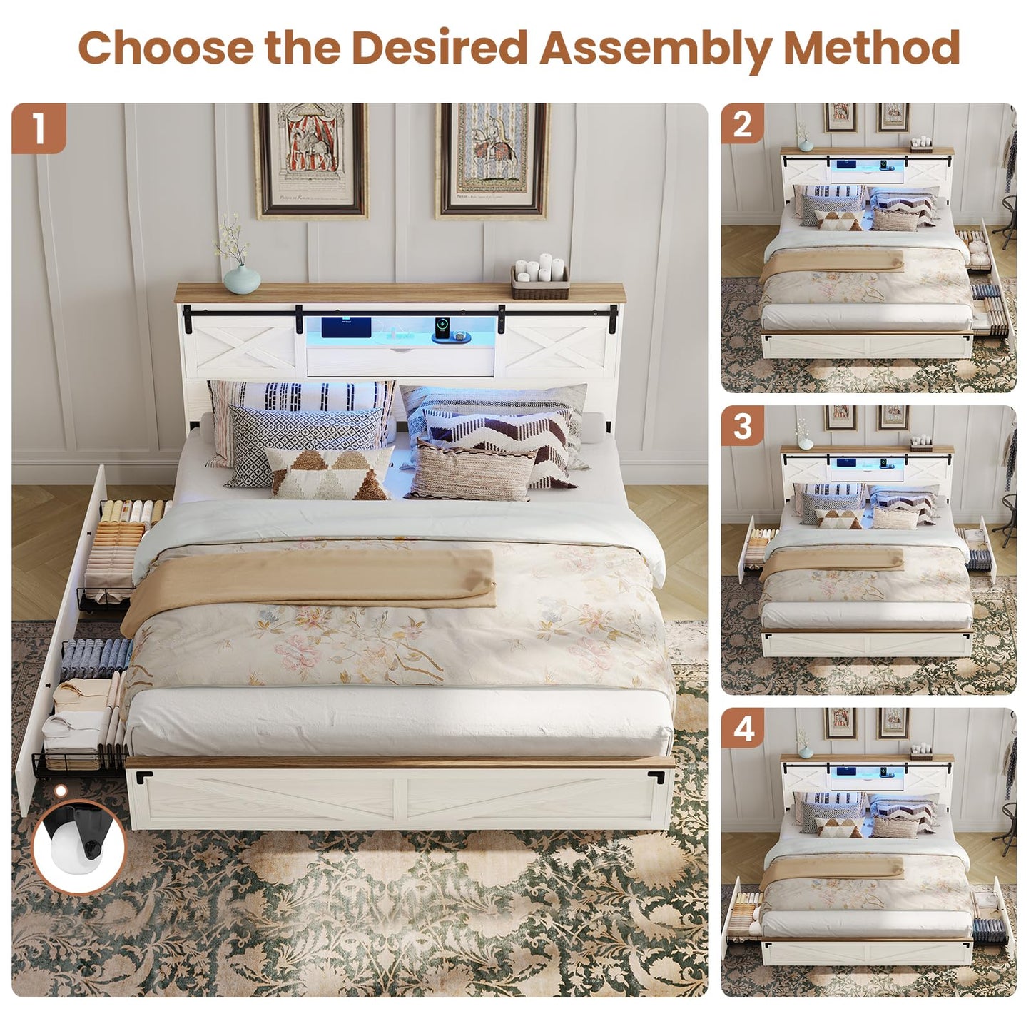 Hasuit Farmhouse Bed Frame King Size with Storage Bookcase Headboard, Wooden King Bed with LED Lights, Charging Station, 2 Drawers, Country Rustic Bed Frame with Sliding Barn Door