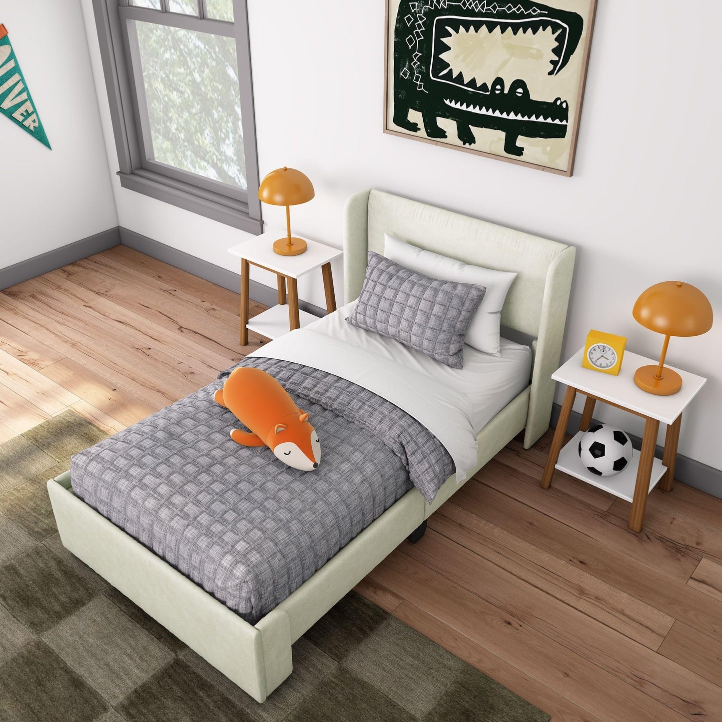 Max & Lily Upholstered Twin Bed Frame with Rectangular Headboard, Upholstered Platform Bed for Kids, No Box Spring Needed, Easy Assembly, Cream