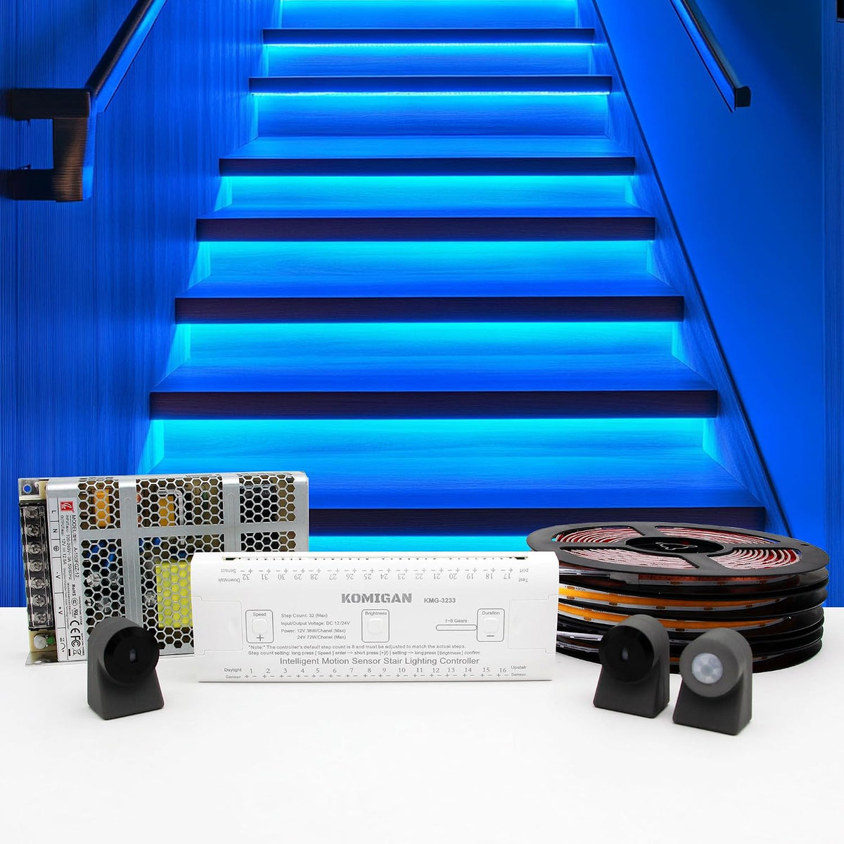 Intelligent Motion Triggered LED Stair Lighting Kit KMG-3233, 40" Cuttable LED Strip Light for Indoor LED Stair Lights (Ice Blue Color, 16 Stairs)