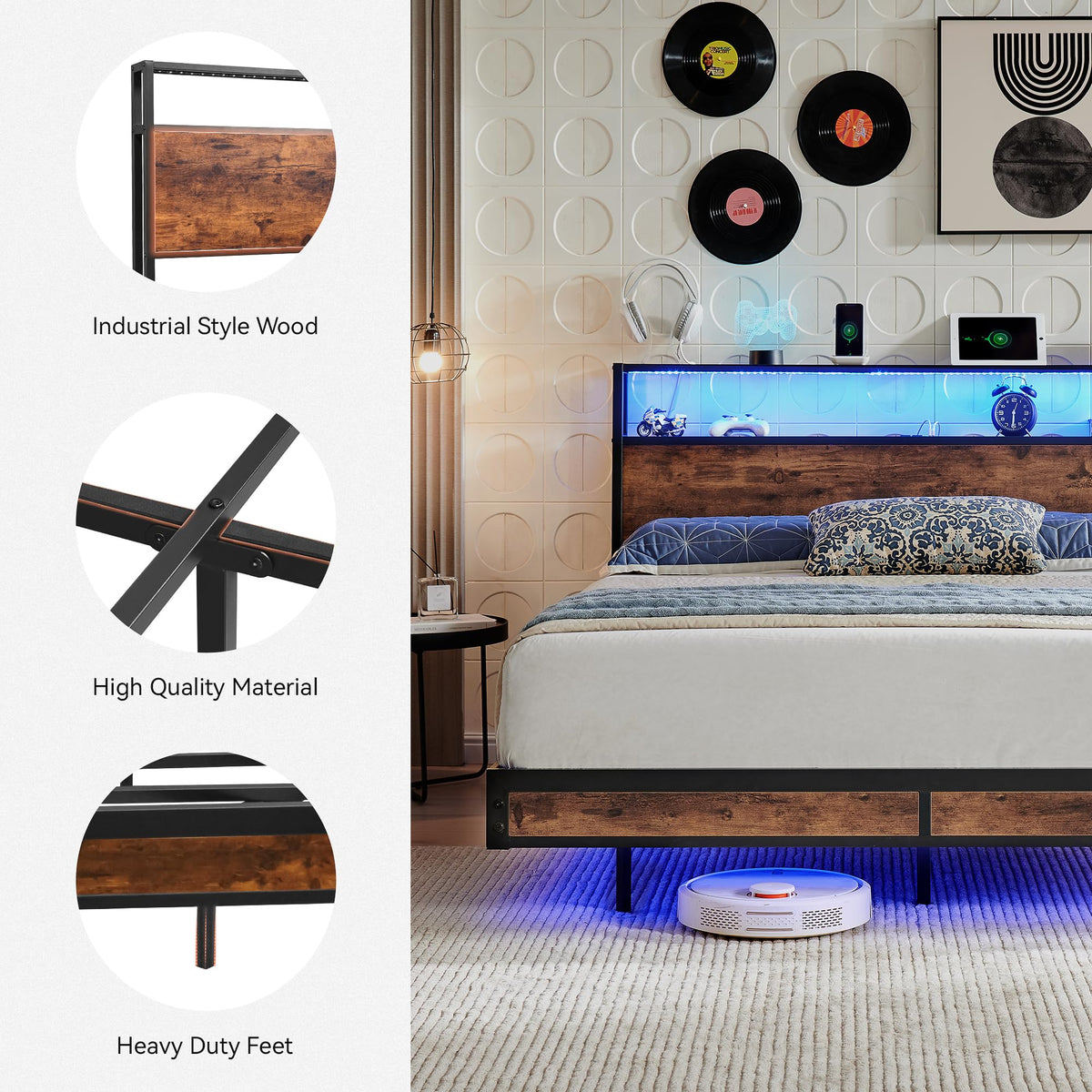 BedsPick Full Size Bed Frame with 2-Tier Storage Headboard, Sturdy Metal Platform Bed Frame with Charging Station & LED Lights, Noise-Free/Metal Support/No Box Spring Needed, Rustic Brown