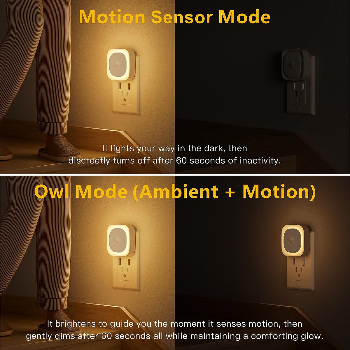 YUNLEX Night Lights Plug into Wall Motion Sensor, Warm White, 2 Pack