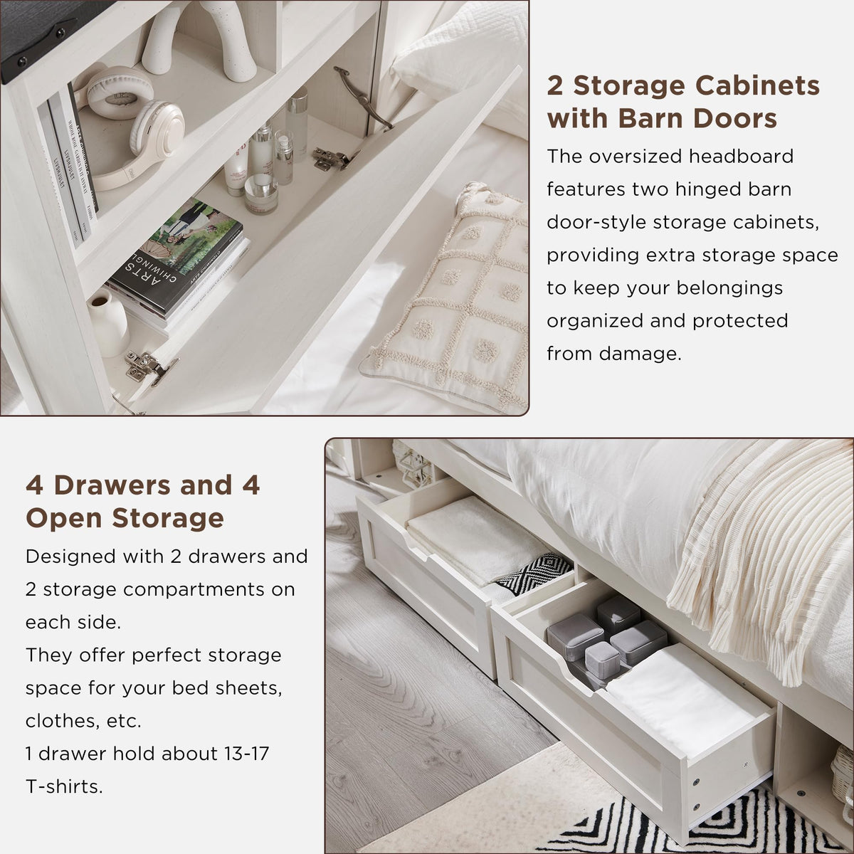ACCOHOHO Farmhouse Queen Size Wood Bed Frame with 52" Tall Storage Headboard and 4 Drawers,LED Light,Charging Station,Solid Wood Slats Support,Noiseless,No Box Spring Needed,Antique White