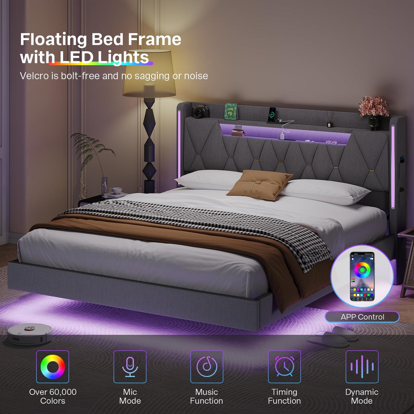 Dnxao Floating Bed Frame,King Bed Frame with Hidden Storage, King Platform Bed Frame with Headboard,4 Pockets,LED Lights and Charging Station, Noise Free, No Box Spring Needed,Quick Assembly,Gray