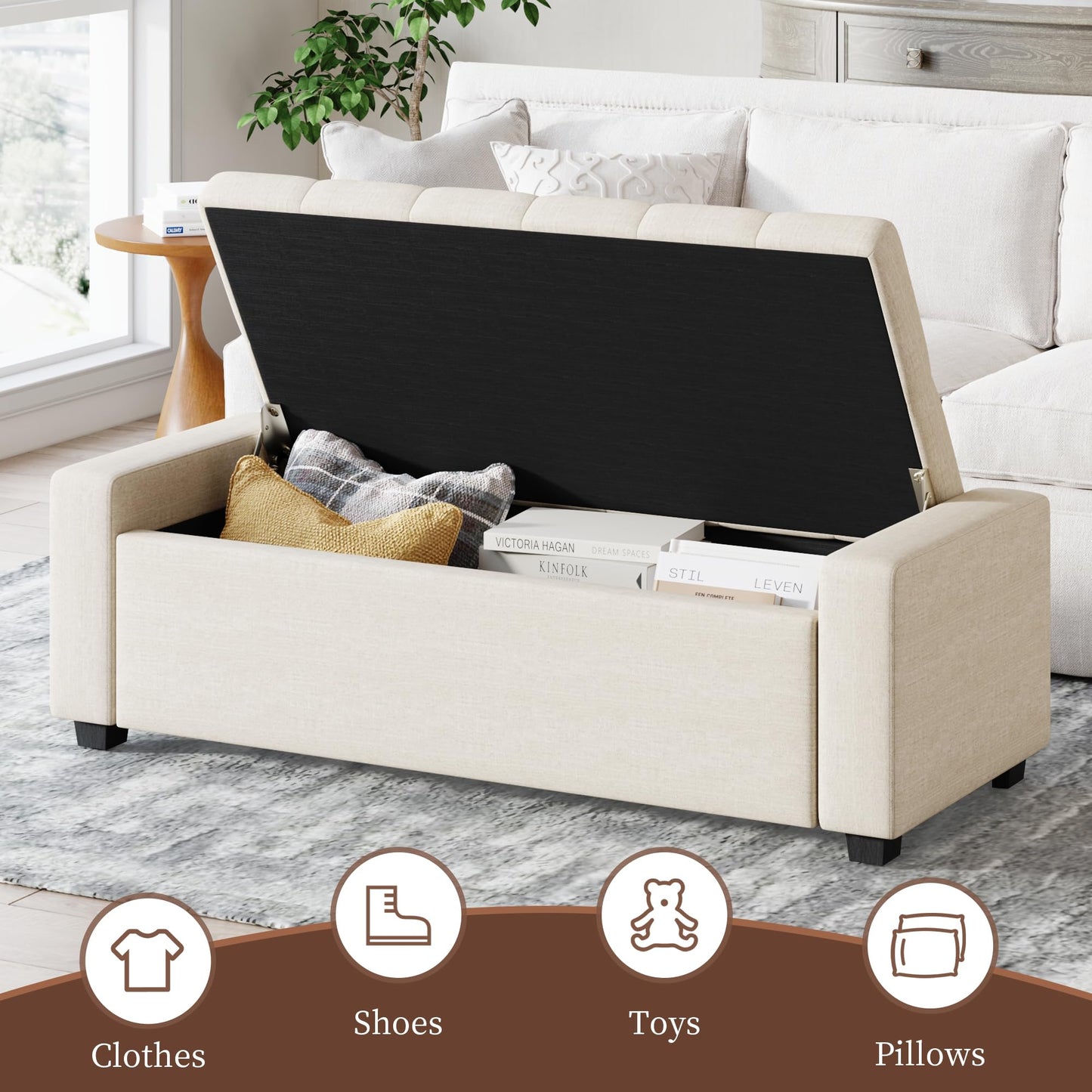 Atrtivoent 47" Ottoman Bench, Living Room Storage Bench with Removable Tray, Upholstered Entryway Bench, Ottoman Bench Seat with Storage for Living Room Bedroom (Beige1, with Tray)