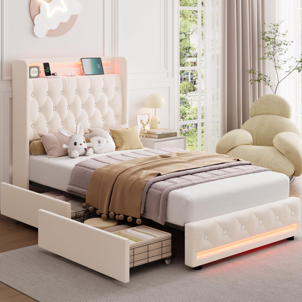 HIFIT Full LED Bed Frame with Charging Station and 4 Storage Drawers, Velvet Upholstered Platform Bed with Handcrafted Crystal Button Wingback Headboard, Metal Frame with No Box Spring Needed, Beige
