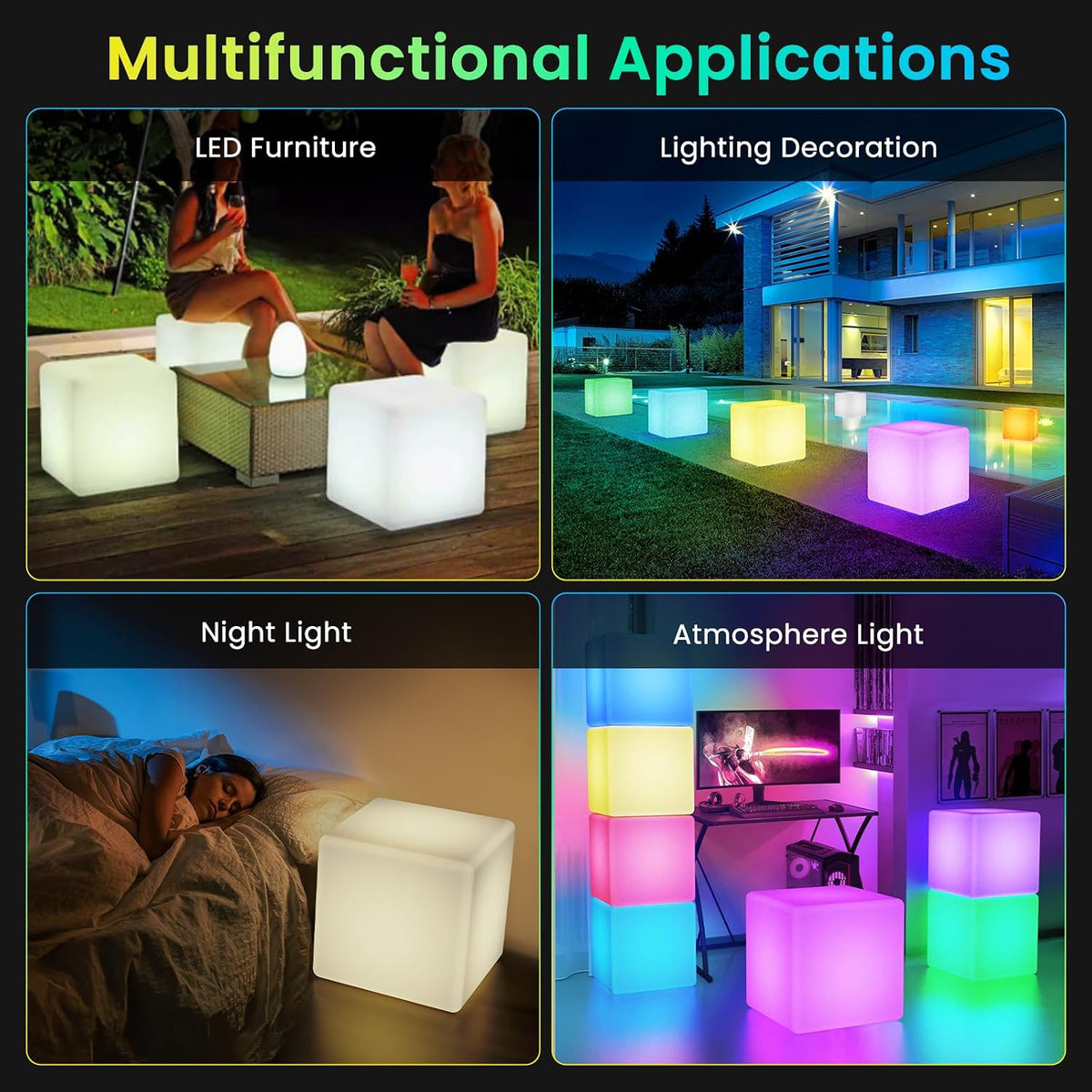 LOFTEK 20-inch LED Cube Table, Rechargeable Glowing Chair Seat w/Remote