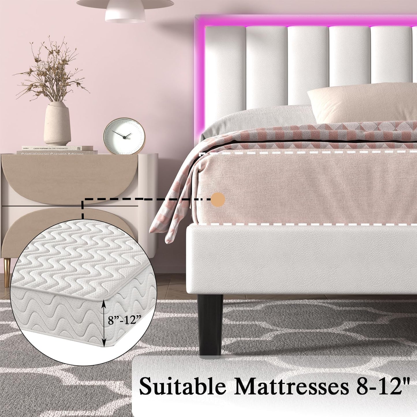 IMMERSTABLE Queen Bed Frame, Bed Frame Queen Size with LED Lights, Upholstered Queen Bed Frames with Headboard, Heavy Duty Wood Slats Support, Noise-Free, No Box Spring Needed, Easy Assembly, White