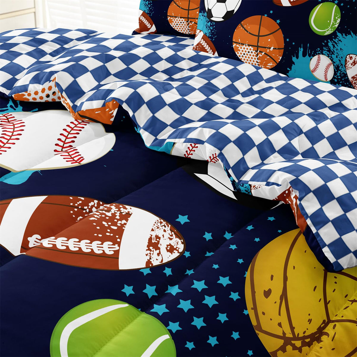 Leaflin Kids Boys Comforter Set Twin Bed in a Bag w/Sheet Sets, Blue Twin Bedding Sets for Teens Soccer Basketball Baseball Football Sports Themed Bedroom Decor Reversible Design