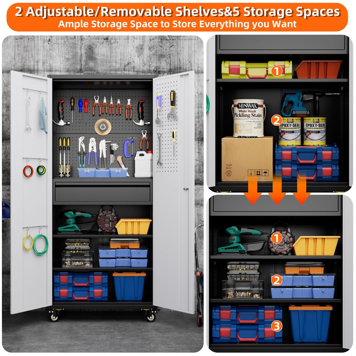 Aobabo Metal Storage Cabinet with Wheels and 1 Interior Drawer, Steel Rolling Tool Cabinet with 16 Hooks and 2 Adjustable Shelves for Garage, Home, Office, Kitchen, Black Gray, Assembly Required