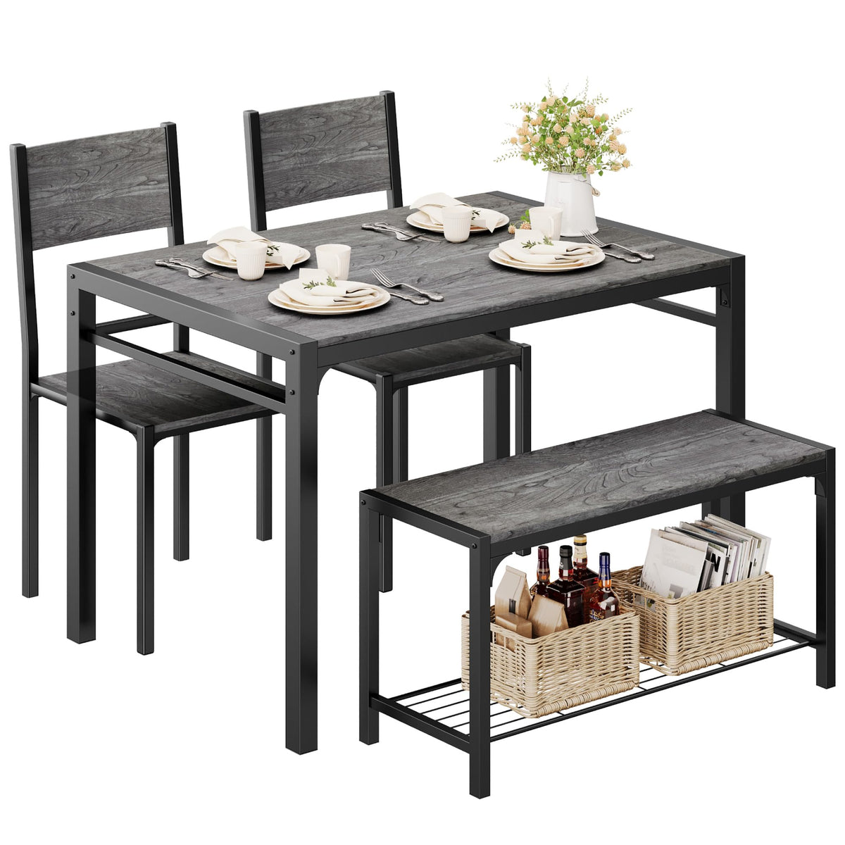Shahoo Kitchen Table and 2 Chairs for 4 with Bench, 4 Piece Dining Sets for Small Space, Dark Grey