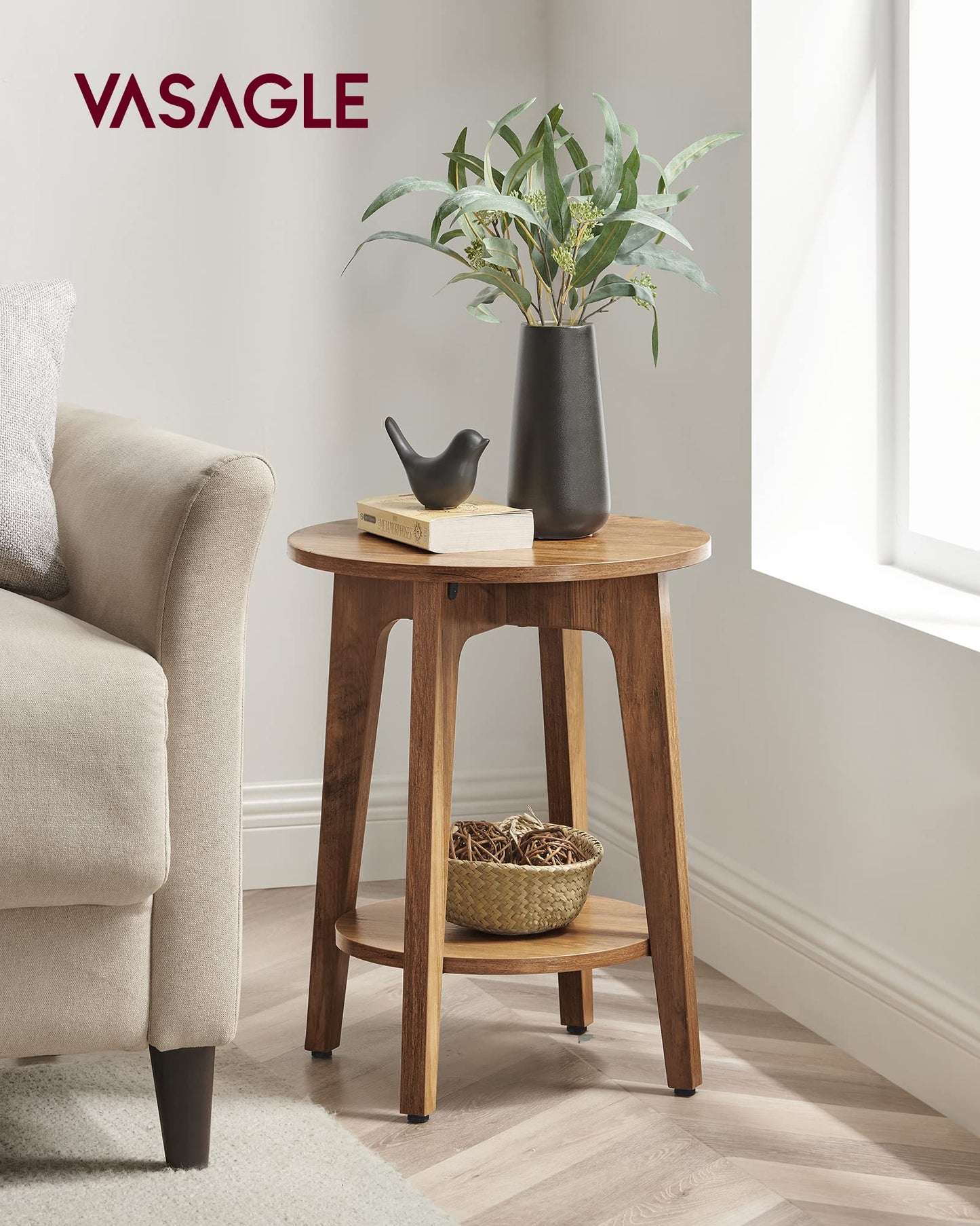 VASAGLE Side Table, Small Round End Table with Lower Shelf, Nightstand for Small Spaces, Living Room, Bedroom, Rustic Walnut ULET283T41