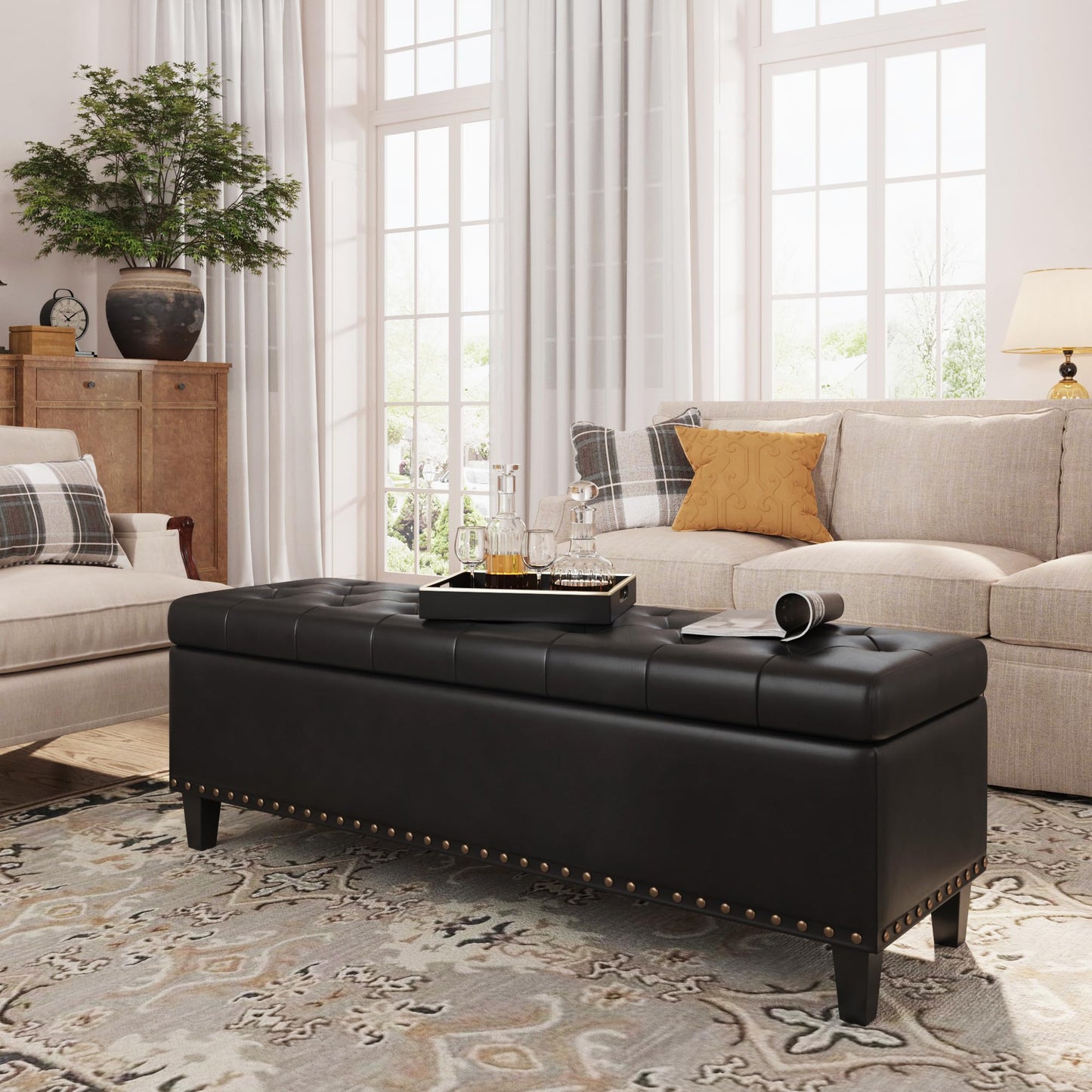 Storage Ottoman Bench, 51-Inch Large Storage Bench for Bedroom End of Bed, 30 Gallons Faux Leather Bench with Storage for Bedroom, Living Room, Entryway, Hallway, Black