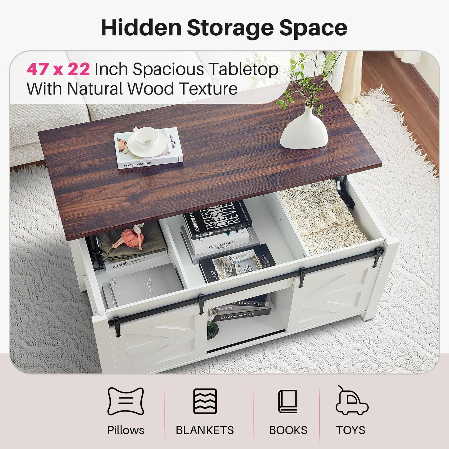 Redlife Lift Top Coffee Table with Storage, 47" Farmhouse Coffee Tables with Sliding Barn Door and Hidden Storage Space, 4 in 1 Multi-Function Square Coffee Table for Living Room, Office, White