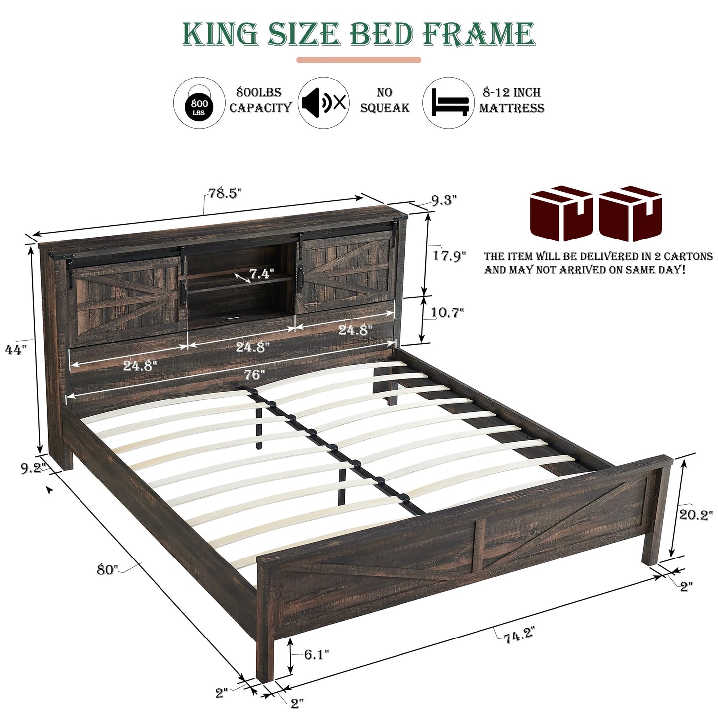 RedLemon Farmhouse King Size Bed Frame with Bookcase Headboard, Sliding Barn Door, Storage Cabinet, Charging Station, Wood Slats Support, No Box Spring Needed, Dark Rustic Oak