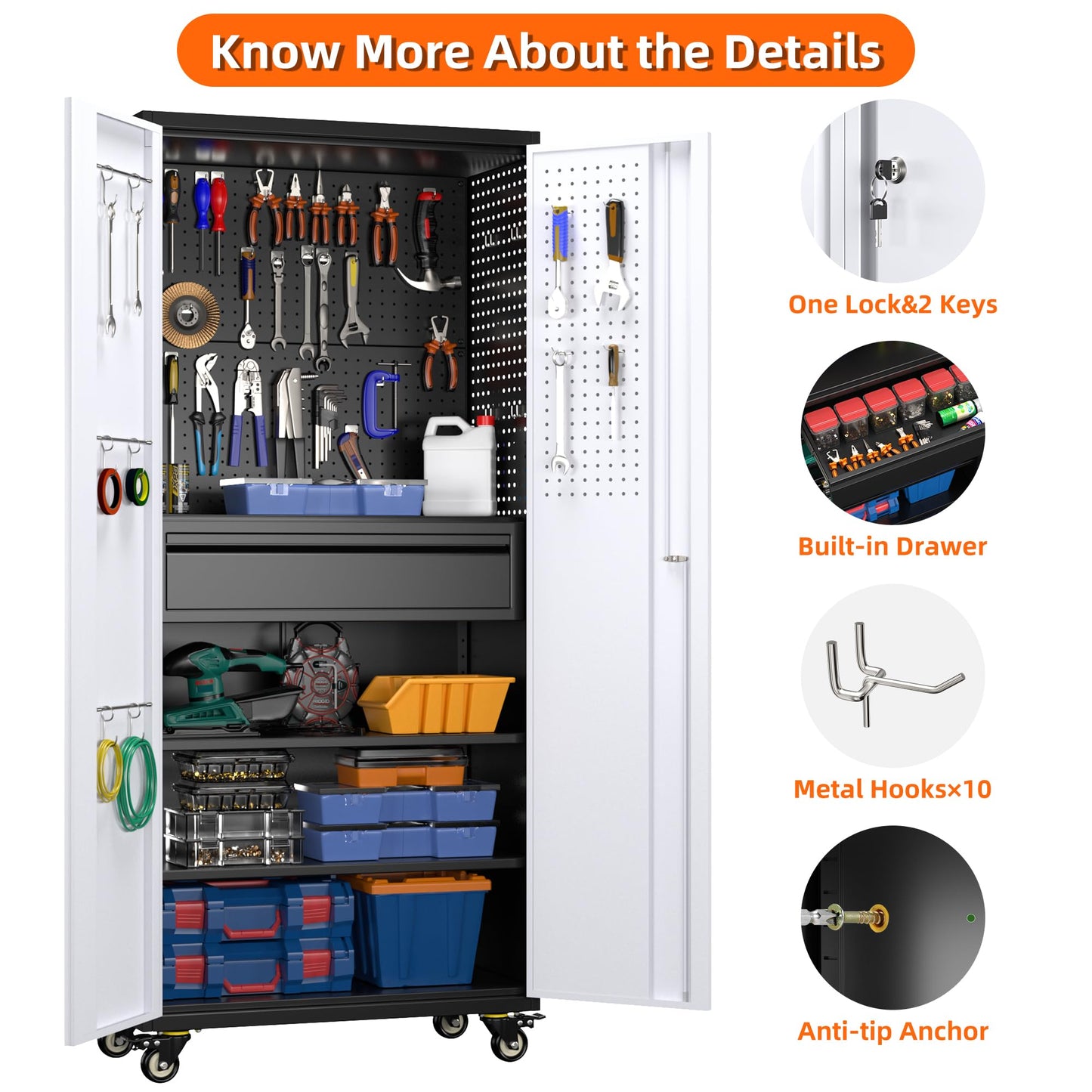 Aobabo Metal Storage Cabinet with Wheels and 1 Interior Drawer, Steel Rolling Tool Cabinet with 16 Hooks and 2 Adjustable Shelves for Garage, Home, Office, Kitchen, Black Gray, Assembly Required