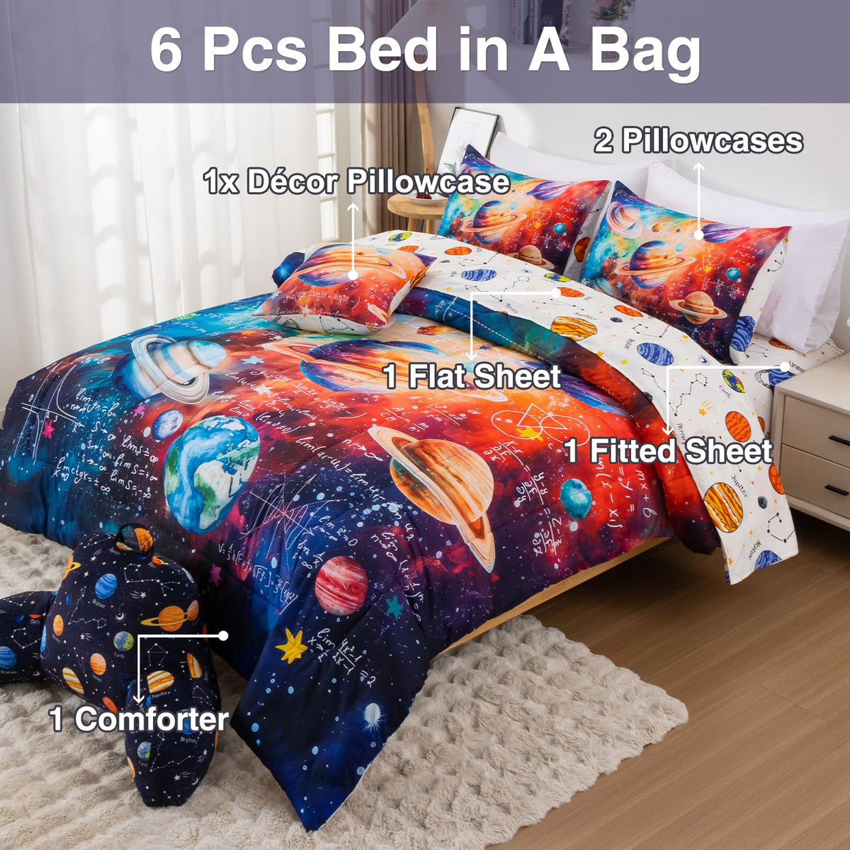 A Nice Night Boys Galaxy Twin Bedding Set 6 Piece Bed-in-a-Bag Comforter with Sheet Set, Space Algebra Theme Polyester Bed Sets for Kids,Purple