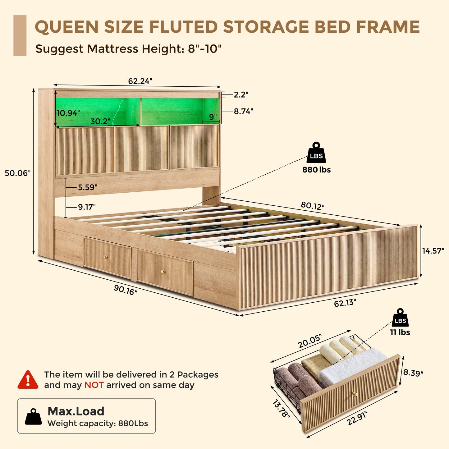 Fluted Queen Size Bed Frame with 50" Tall Storage Headboard with 4 Drawers,Wooden Platform Bed Frame with LED Lights/Storage Headboard Charging Station Easy Assembly/No Box Spring Needed/Natural
