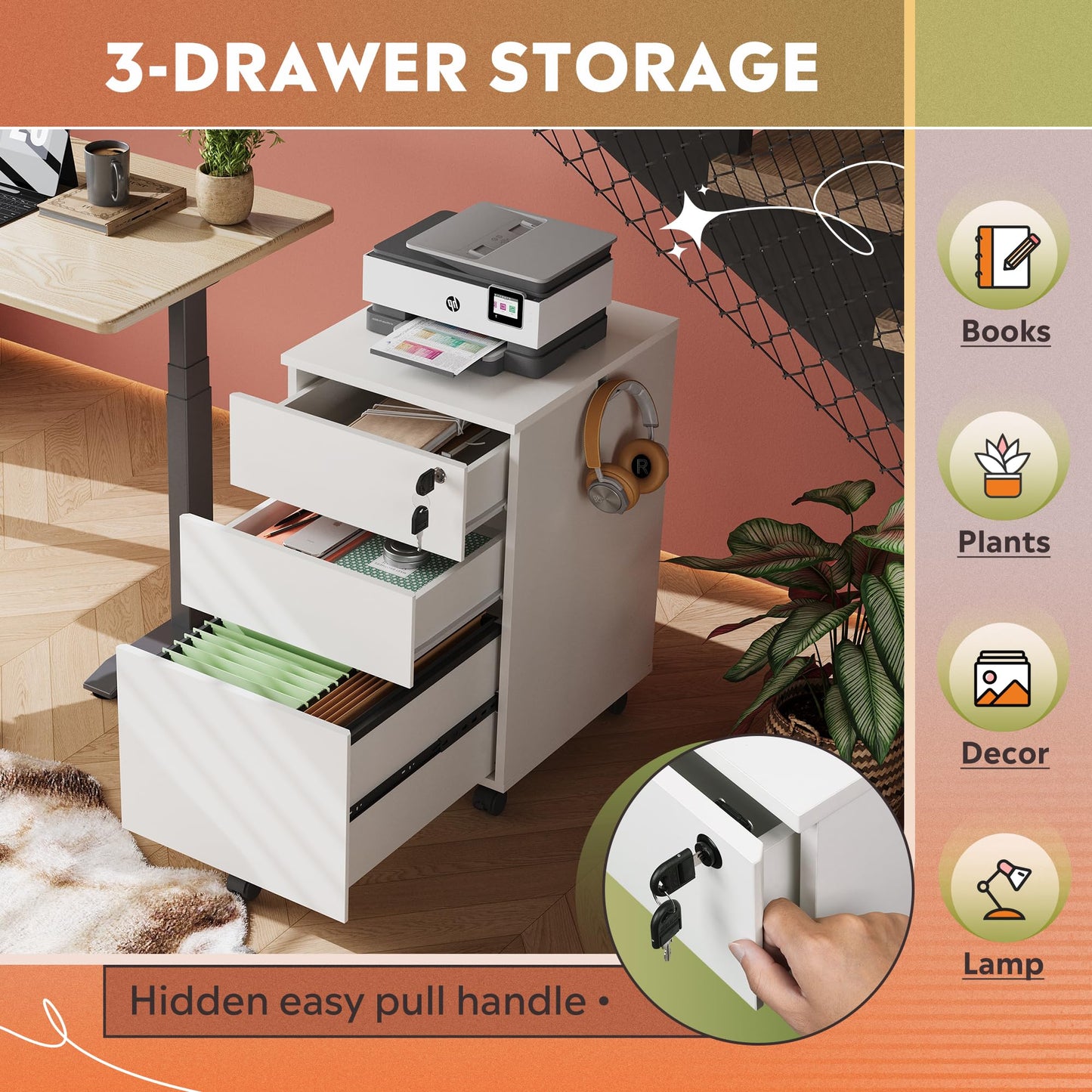 DEVAISE 3 Drawer Rolling File Cabinet with Lock, Wood Under Desk Filing Cabinet fits Letter/Legal/A4 Size for Home Office, White