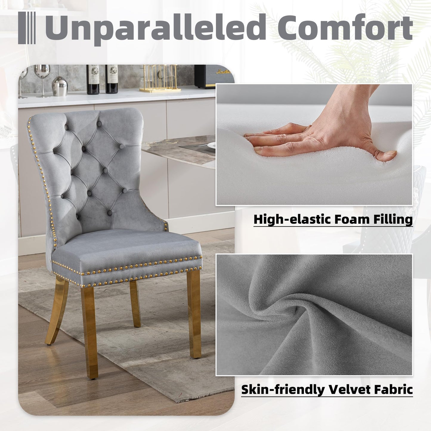 GOOLON Velvet Dining Chairs Set of 4, Upholstered Dining Room Chairs, Mid-Century Modern Chairs with Diamond Lattice Tufted Back, Lion Pull Ring Rivet Trim, Golden Metal Legs for Kitchen, Light Grey