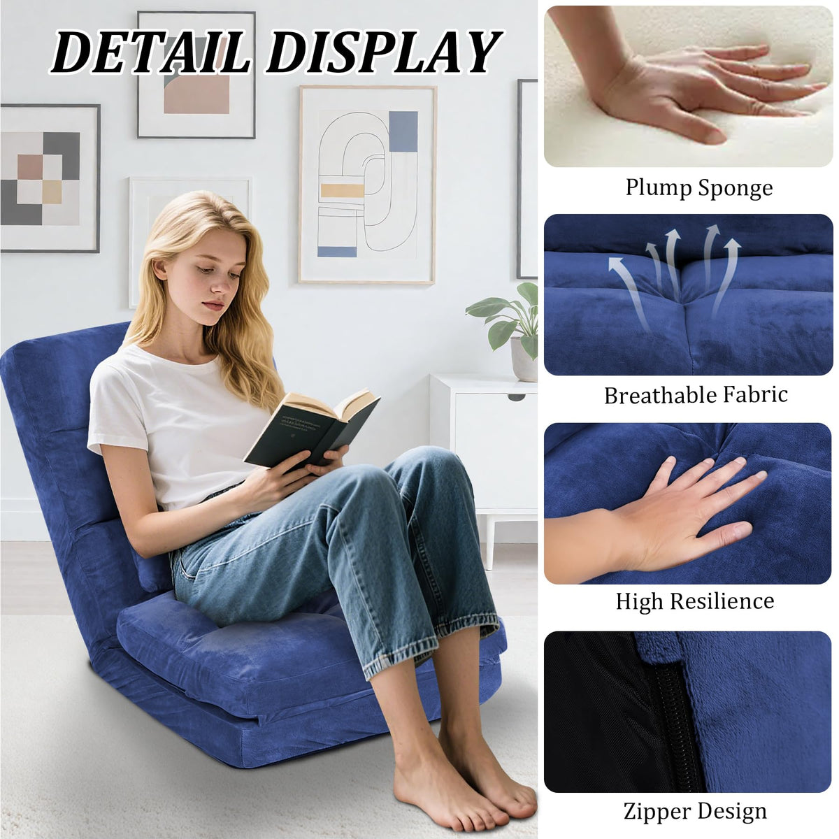 DeeLyan Indoor Chaise Lounge Sofa, Floor Chair with Back Support for Adults, 14 Angle Adjustment Recliner Chair, Folding Floor Lounger with Pillow (Blue)