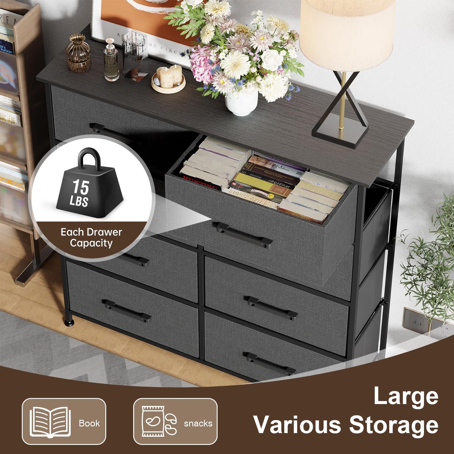FDW 8-Drawer Fabric Dresser for Bedroom,Closet Dresser with Metal Frame and Wooden Top Tall Storage Tower for Closet,Living Room and Entryway,Grey