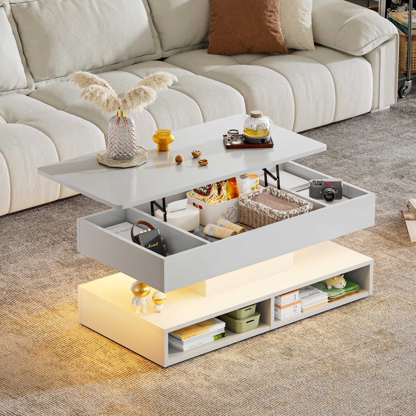 Etemnozon Lift Top LED Coffee Tables for Living Room,47.2" Living Room Table 2-Tier High Glossy Coffee Table with Open Storage,Rectangular Wooden Tea Tables for Reception Room,White