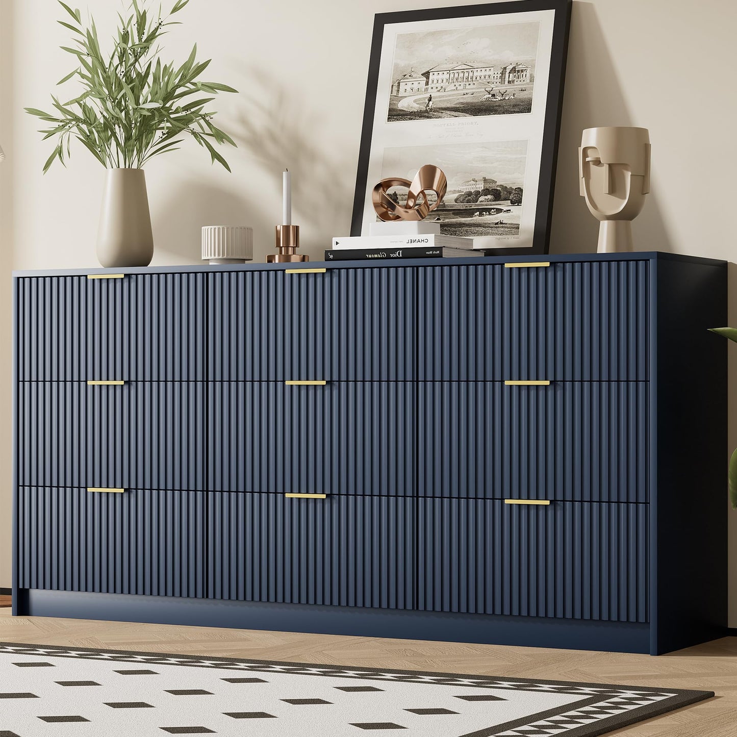 Furniway Blue Dresser for Bedroom, Modern Dresser with 9 Drawers and Smooth Slides, Wide Chest of Drawers with Golden Handles for Bedroom, Living Room, Closet, 15.7" D x 63" W x 31.5" H