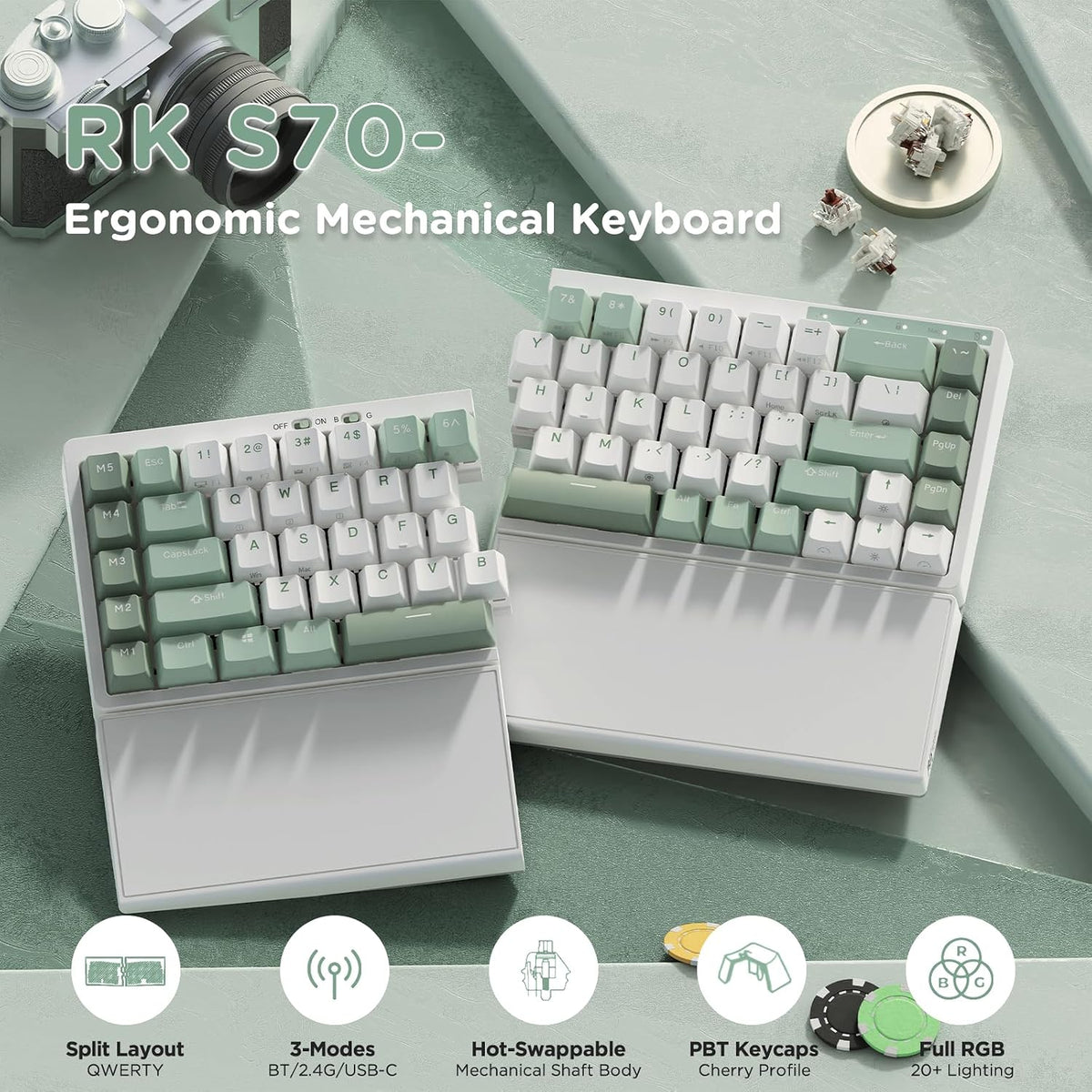 RK ROYAL KLUDGE S70 Ergonomic Split Keyboard, Linear Switch White