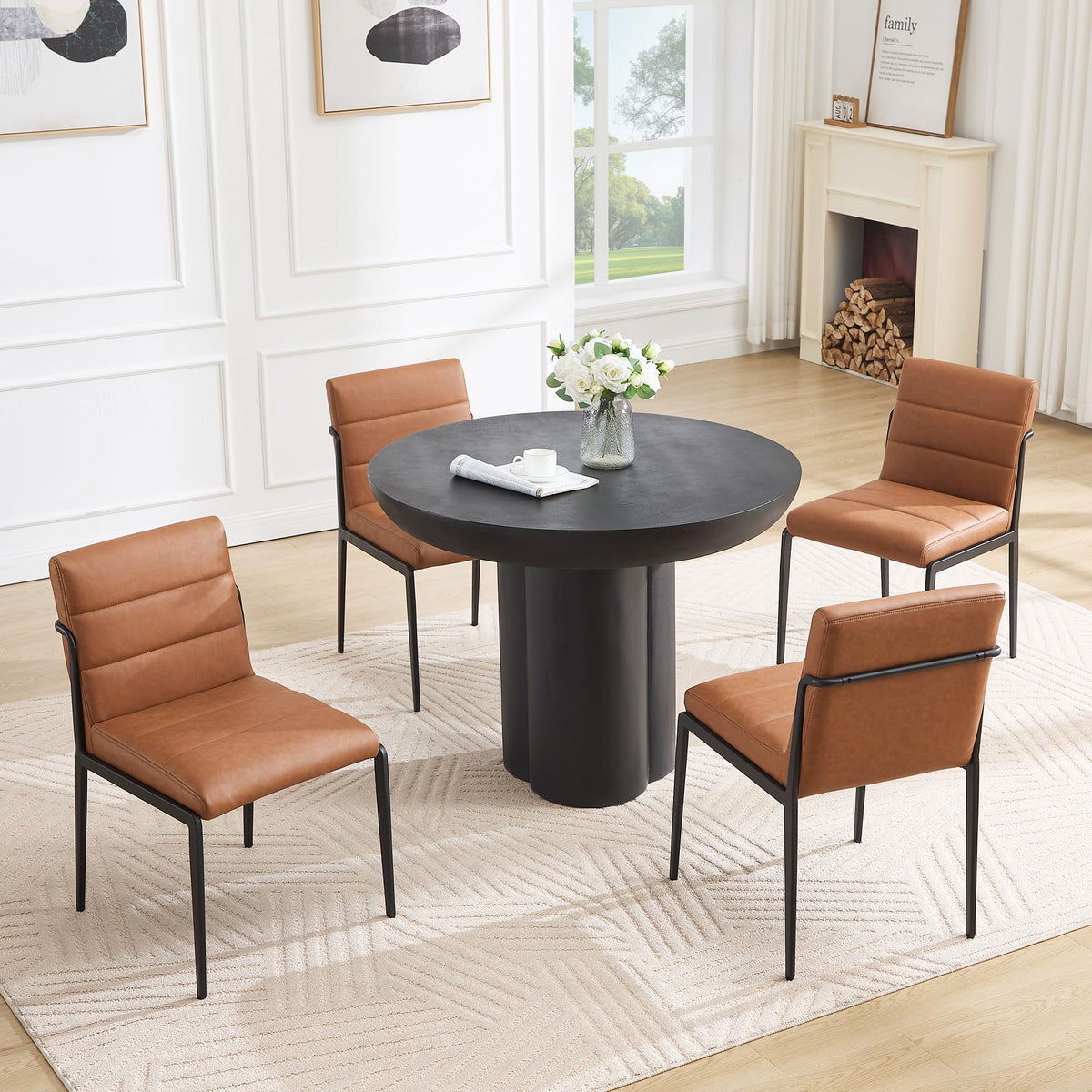 Flouki Modern Dining Chairs Set of 4, Faux Leather Kitchen Chairs with Wide Seating, Upholstered Dinner Chairs for Kitchen Dining Room with Thick Foam Padded on Backs, Sturdy Metal Legs, Brown