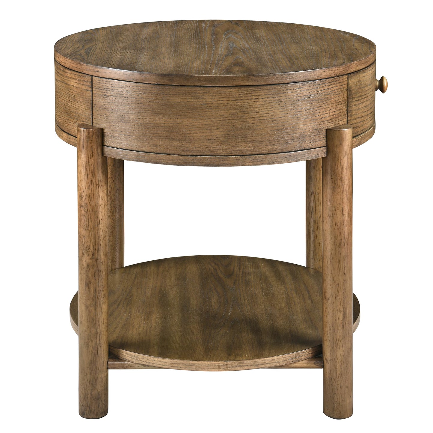 Solid Wood 2-Tier Round End Table with Drawer, 24" Small Sofa Side Table with Storage Oak Wood Accent Drink Table Modern Nightstand with Shelf for Living Room Bedroom Office, Brown