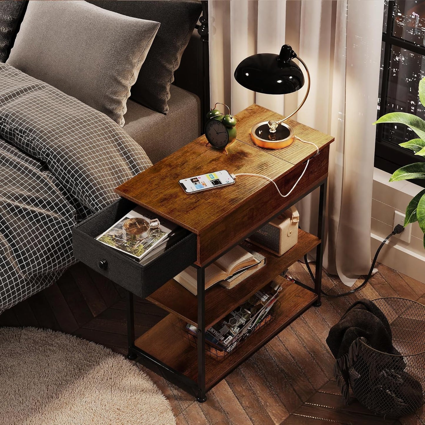 WLIVE Narrow Side Table with Charging Station, End Table for Living Room, Couch Side Table with Fabric Drawer for Bedroon, 11.8‘’W 23.6‘’L 24‘’H, Rustic Brown