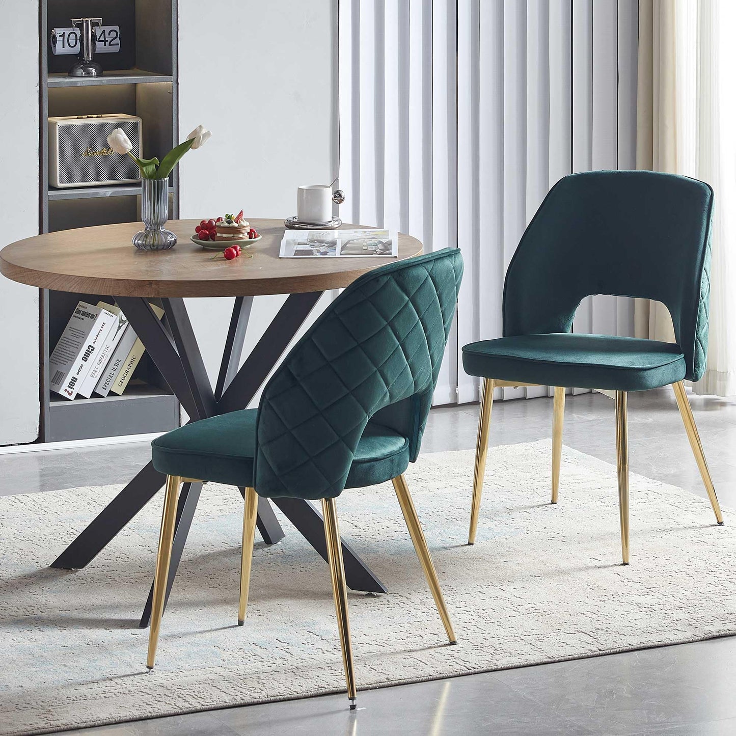NORDICANA 5-Piece Dining Table Set for 4 - Space Saving 37-Inch Round Table and Chairs, 4 Seaters Dining Set with Upholstered Dining Chairs (Forest Green)