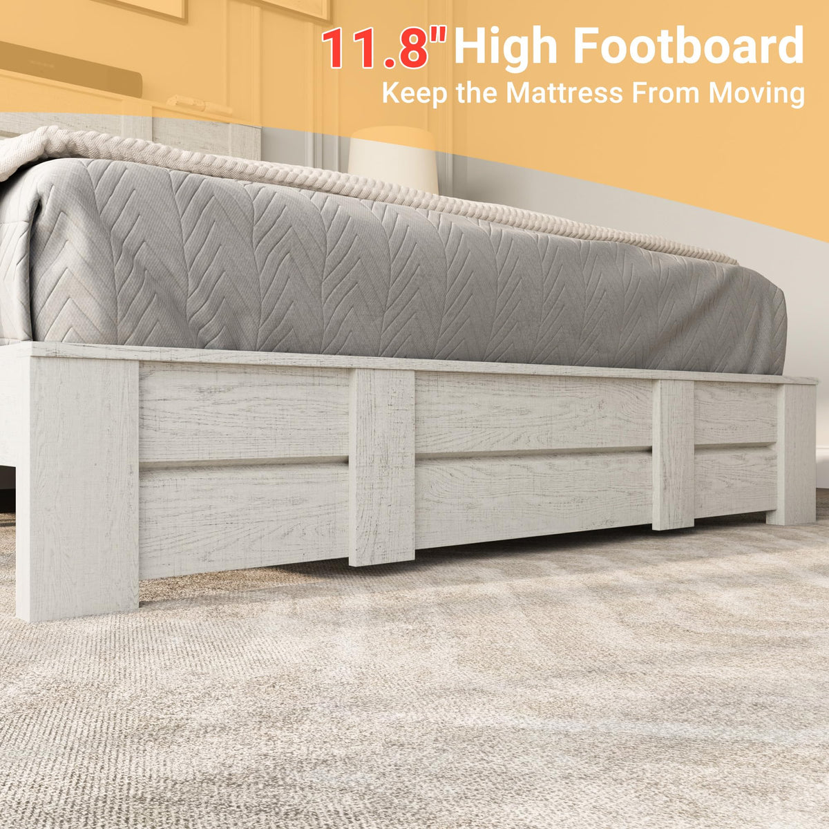 Mekminop Queen Size Wood Bed Frame with Tall Headboard & Footboard, Farmhouse Platform Bed with Solid Wood Slats Support, No Squeak, No Box Spring Needed (Beige Wood Grain)
