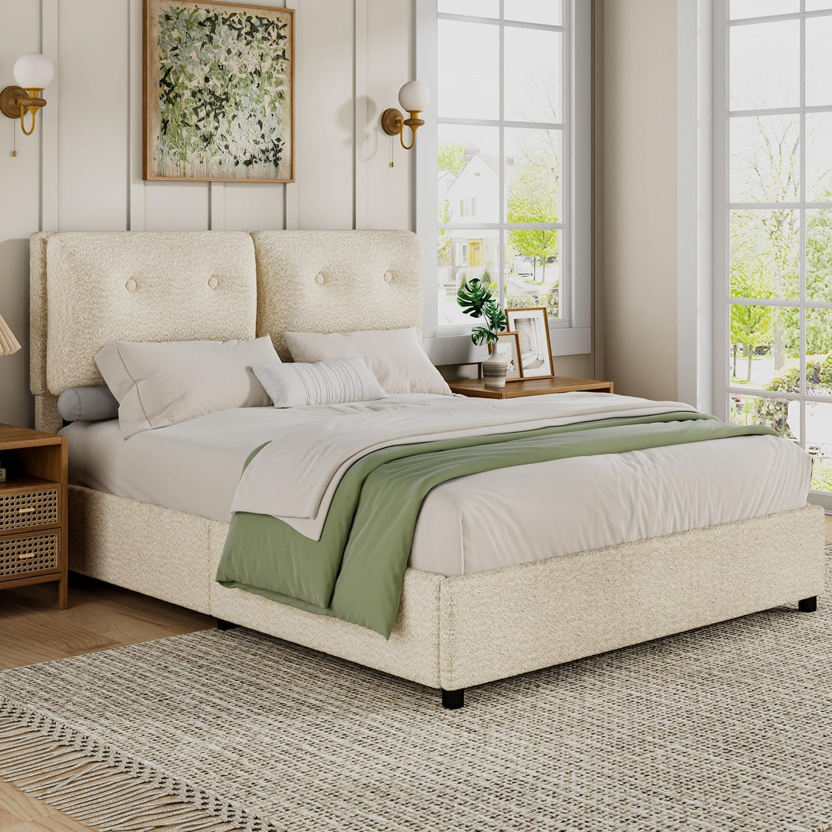 Full Size Bed Frame, Boucle Upholstered Platform Bed Frame with Soft Headboard, Sofa-Style Cushions, Wooden Slats Support, Low Profile Bed Frame, No Box Spring Needed, Easy Assembly, Cream