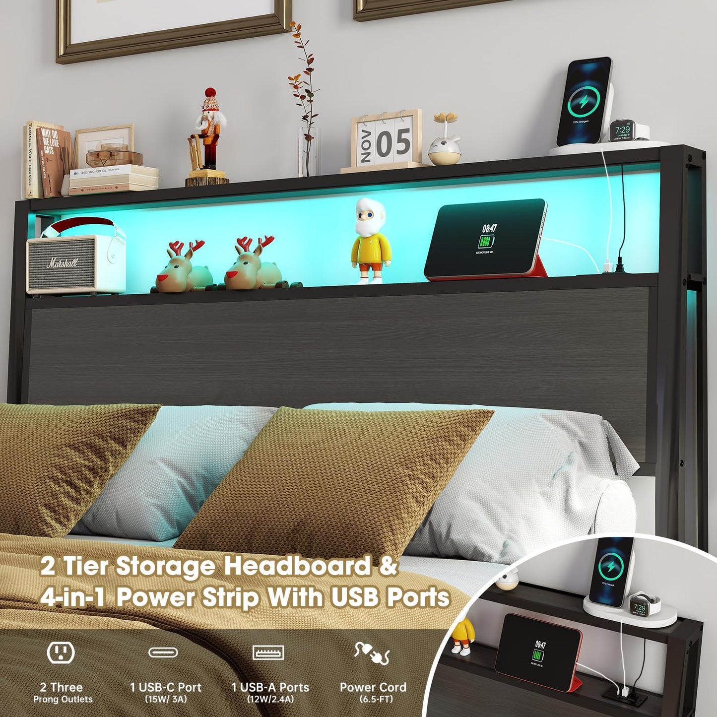 Queen Size Bed Frame with Headboard, Metal Platform Bed Frame with LED Lights & Charging Station, Under Bed Storage, Solid and Stable, No Box Spring Needed, Noise Free, Easy Assembly, Dark Grey