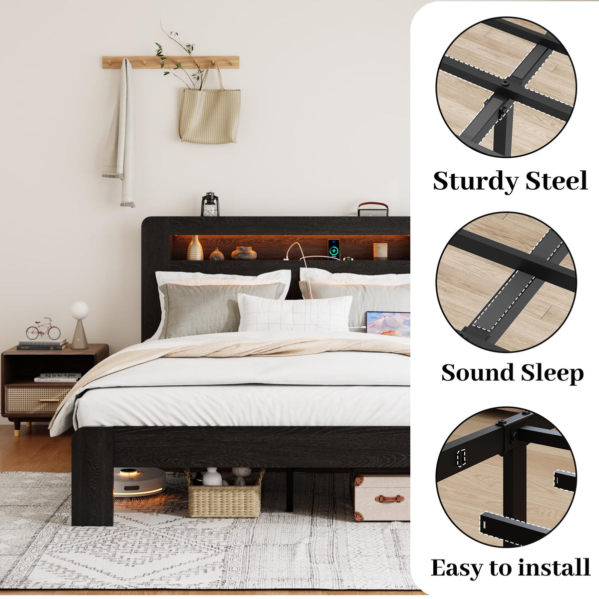 SAMTRA Wooden Bed Frame King Size with Storage Headboard, Farmhouse Platform Bedframe with Bookcase Shelf & Led Lights, Sturdy Wood Slat Framework Bed Frame (Classic Black)