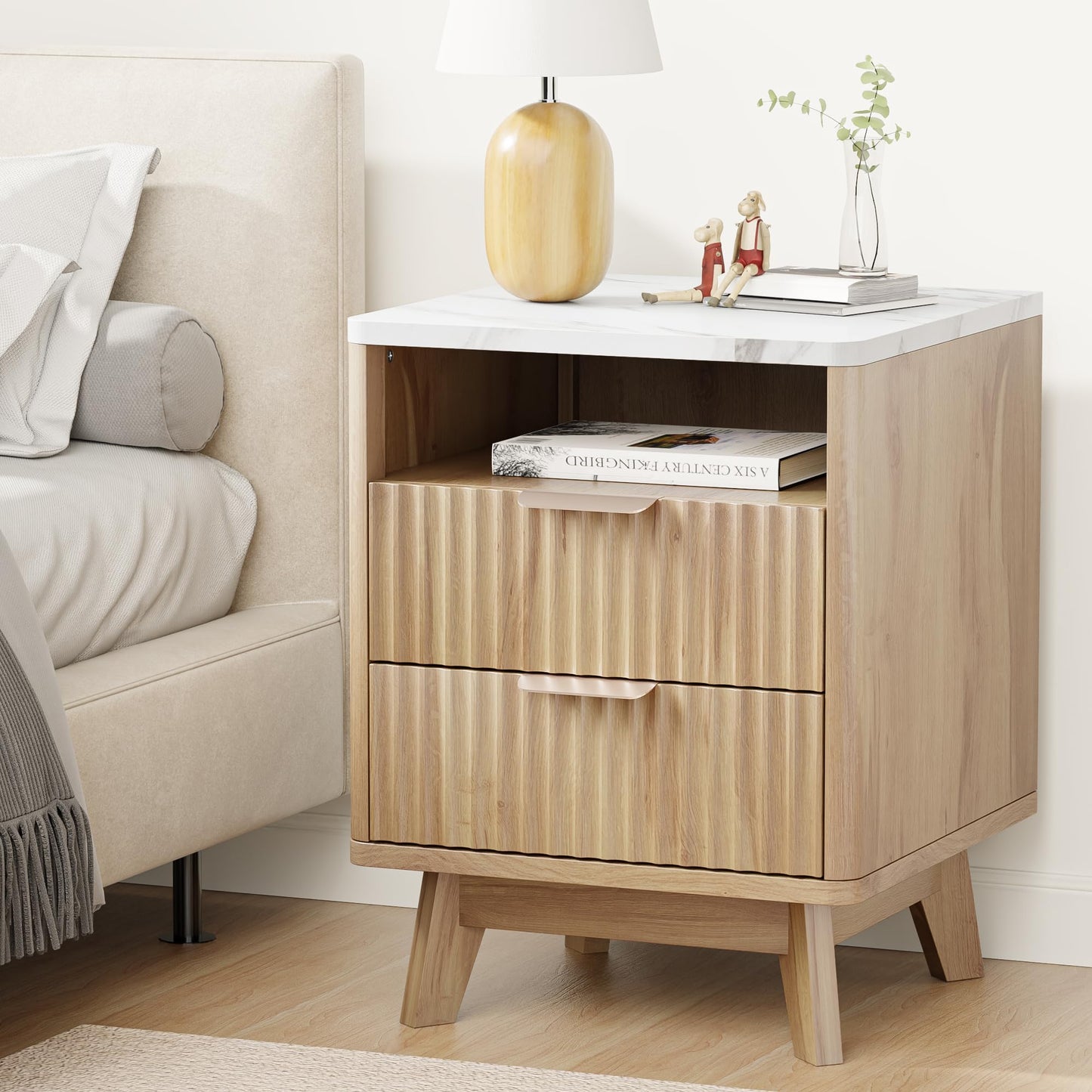 HOCAT Fluted Nightstand with 2 Drawers, 18" Modern Bed Night Stand with Faux Marble Top, Open Storage Shelf, Curved Edge Bedside Table for Bedroom, Living Room End Side Table, Natural Oak