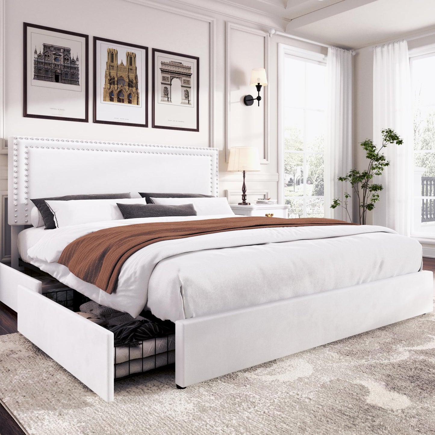 VECELO King Size Upholstered Platform Bed Frame with 4 Storage Drawers, Adjustable Velvet Rivet Decor Headboard, Wooden Slats Support, No Box Spring Needed, Easy Assembly