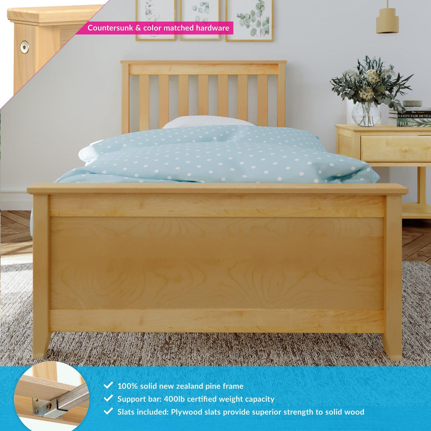 Max & Lily Twin Bed Frame with Slatted Headboard, Solid Wood Platform Bed for Kids, No Box Spring Needed, Easy Assembly, Natural